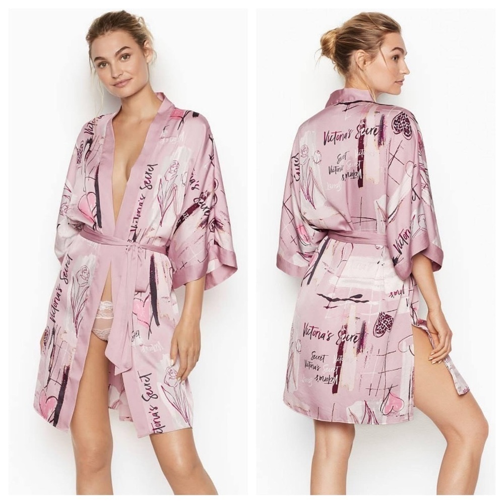 New! Victoria’s Secret belted kimono Robe sketches logo hearts 47417